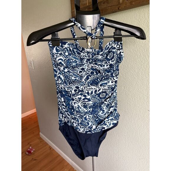 Lauren Ralph Lauren Floral Navy Blue White Halter Tie One Piece Swimsuit Size 8 - Picture 1 of 4